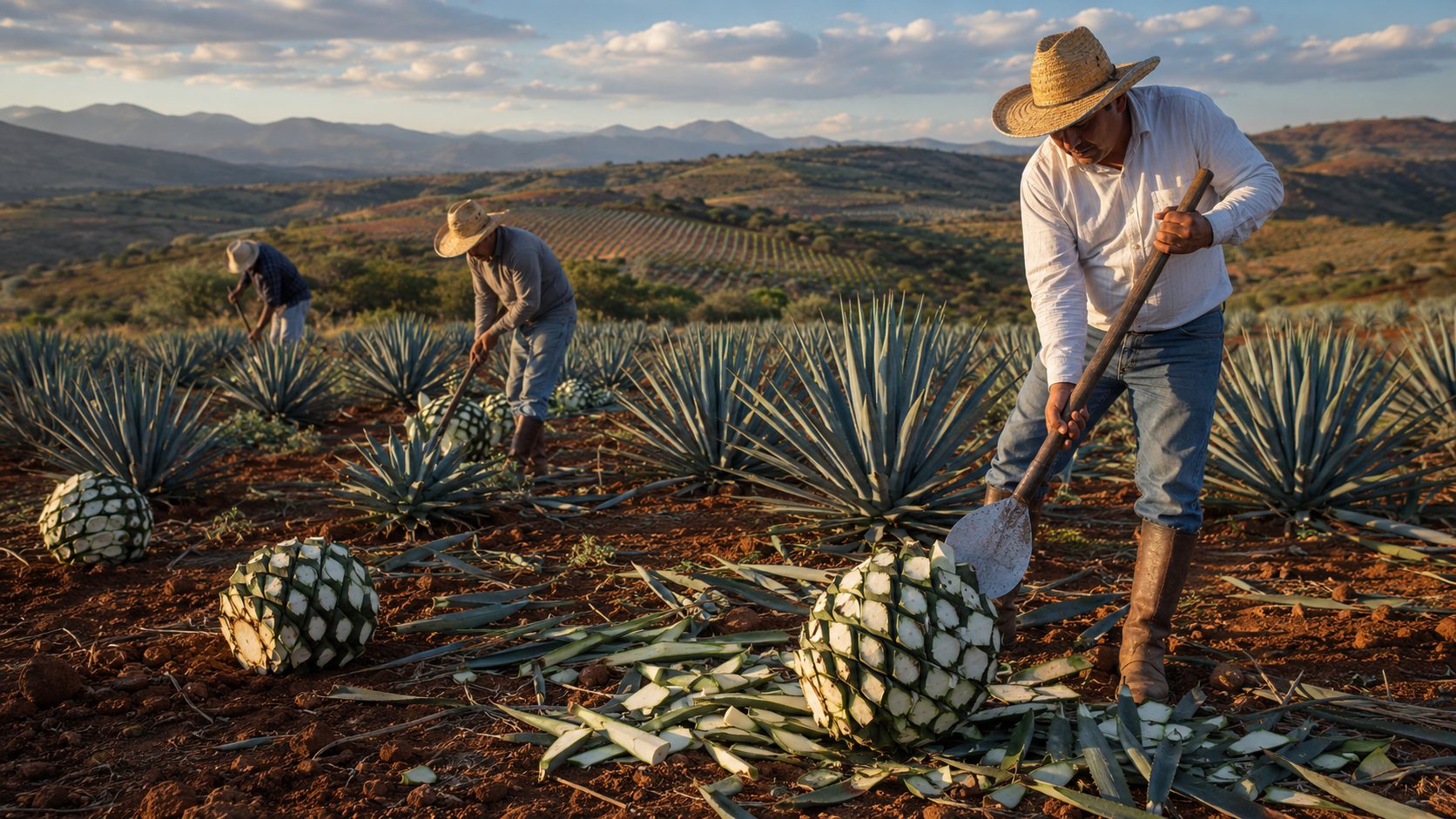 Jimadores hand-harvesting agave piñas in the highland fields