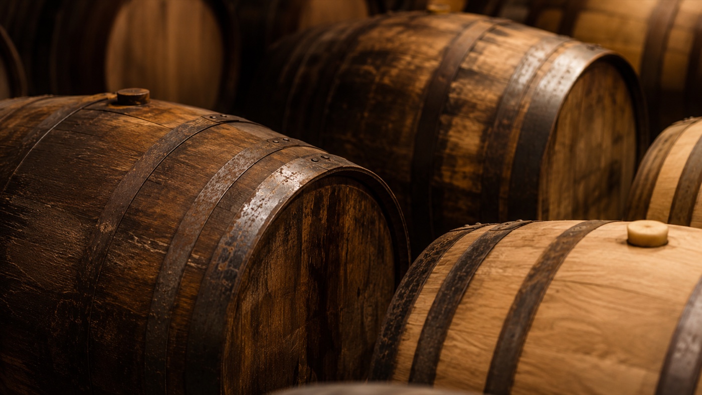 Barrels resting in a dim cellar