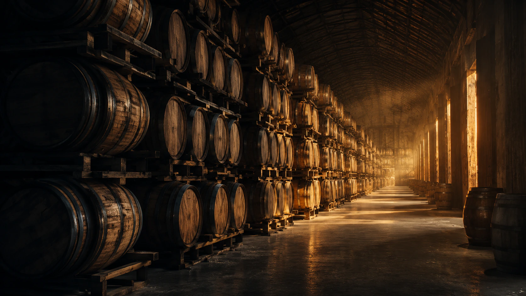 Casks resting in a long barrel warehouse