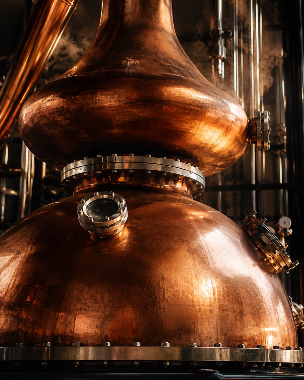 Copper stills running in the distillery