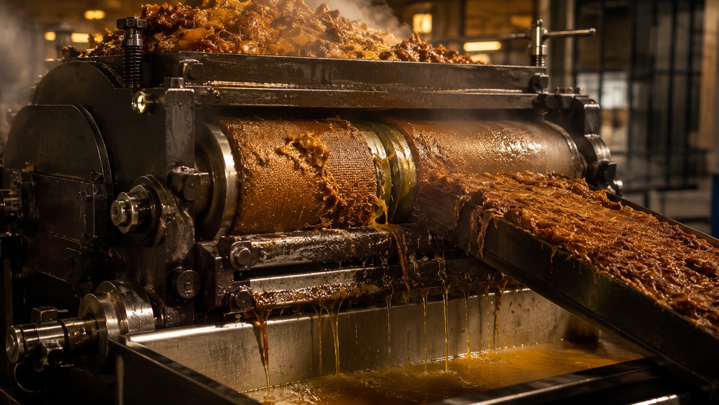 Cooked agave being pressed to separate juice from fiber