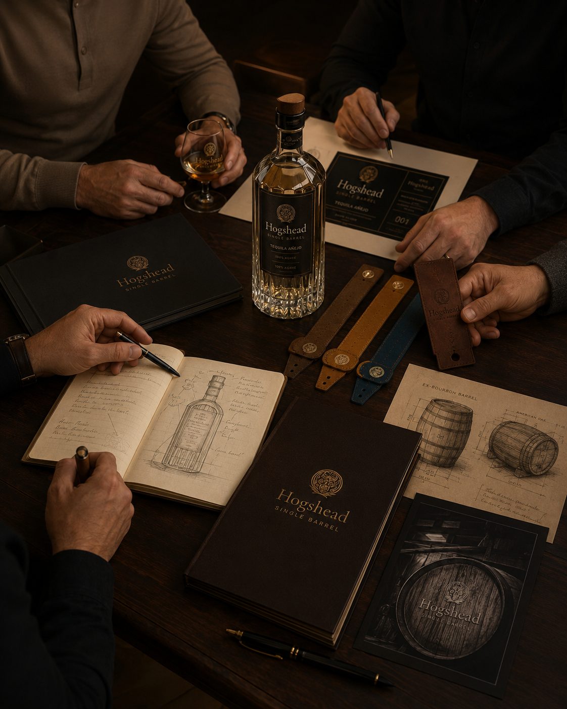 Barrel specifications, numbered release cards and tasting notes laid out on a table beside a Tusk'ave bottle