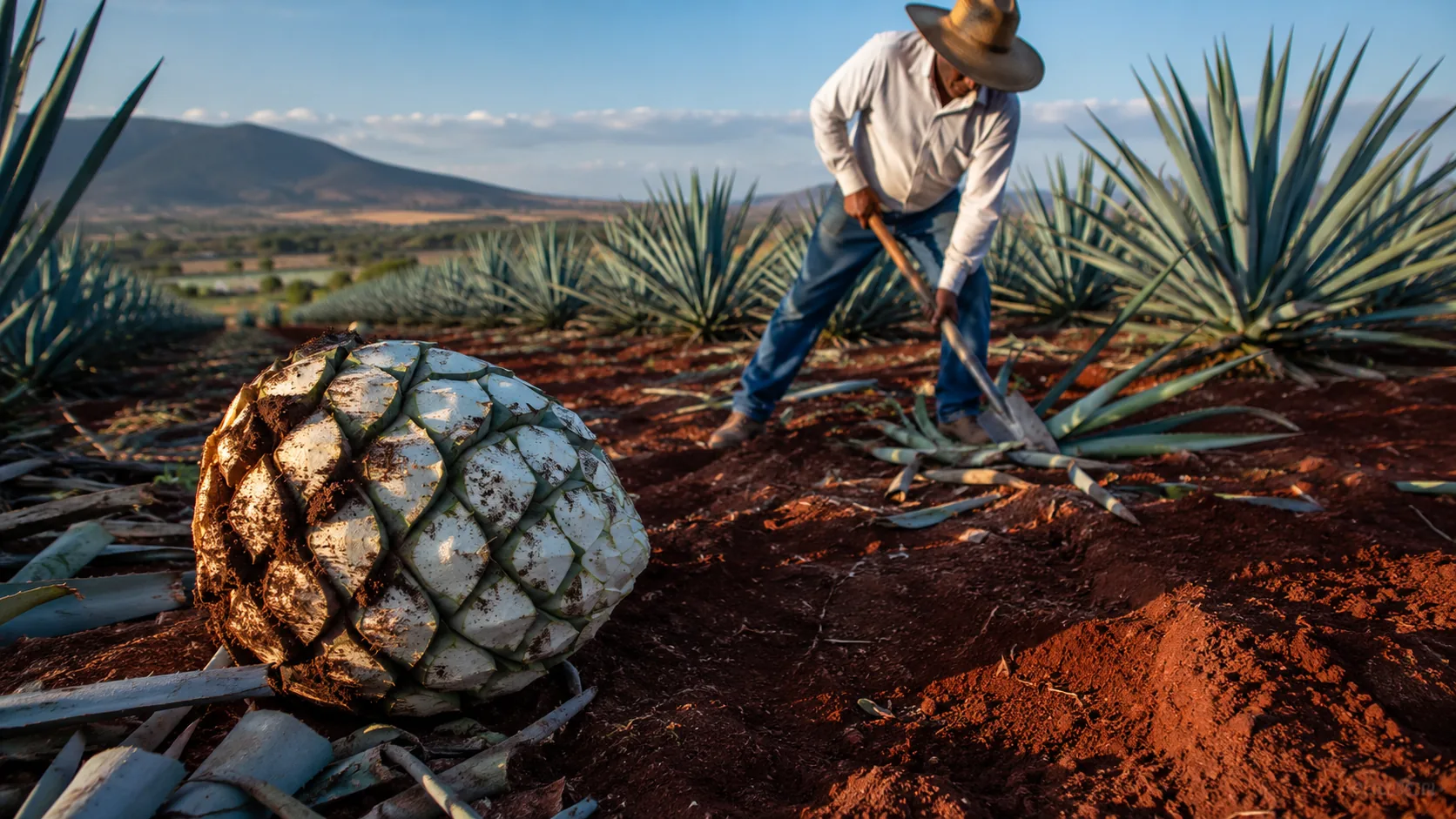 A jimador harvesting a blue agave piña
