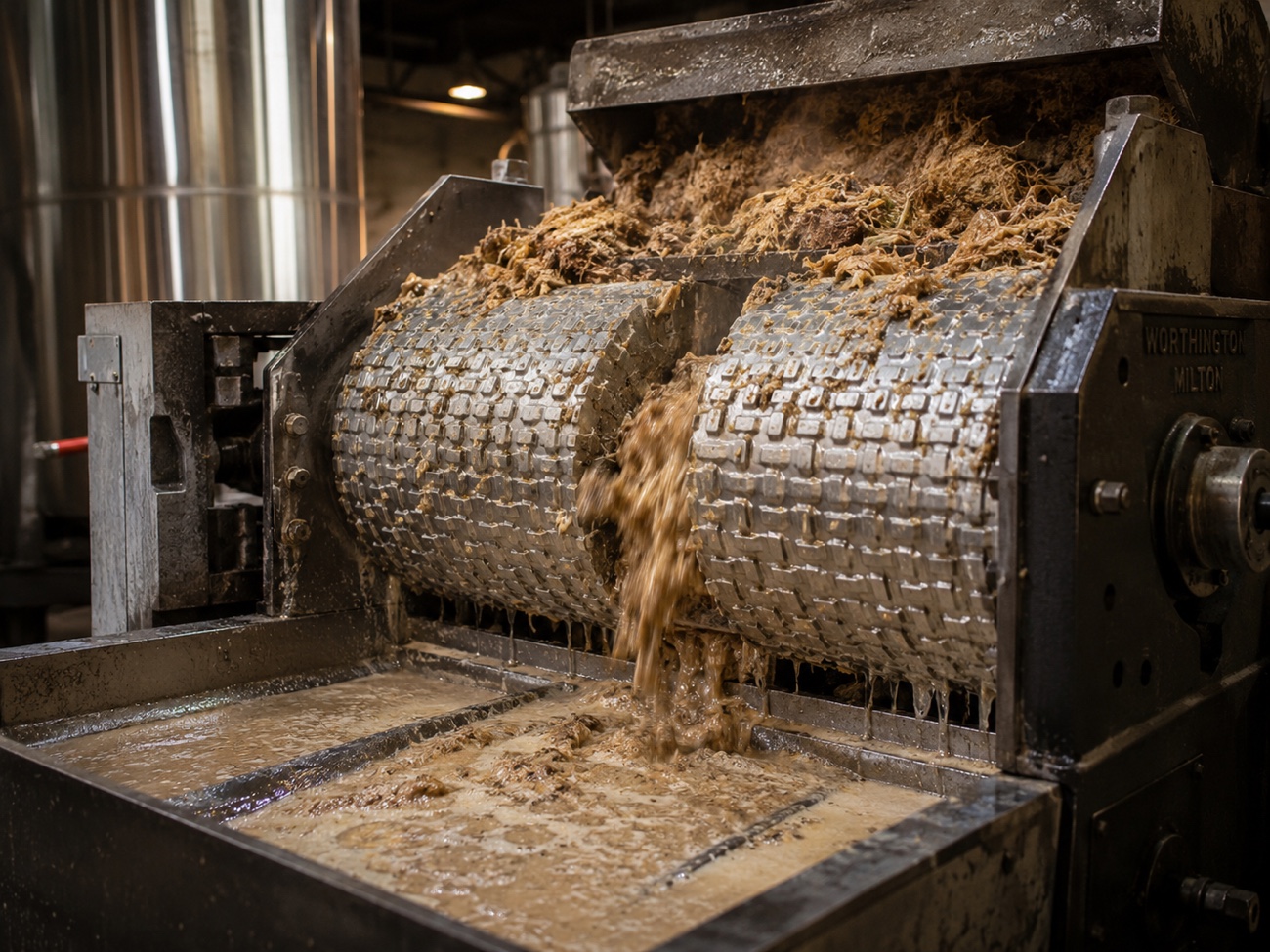A steel roller mill extracting agave juice