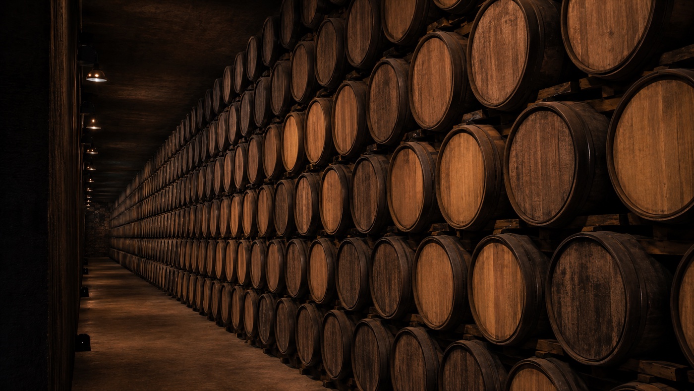 Casks stacked in a corridor of the cellar, resting