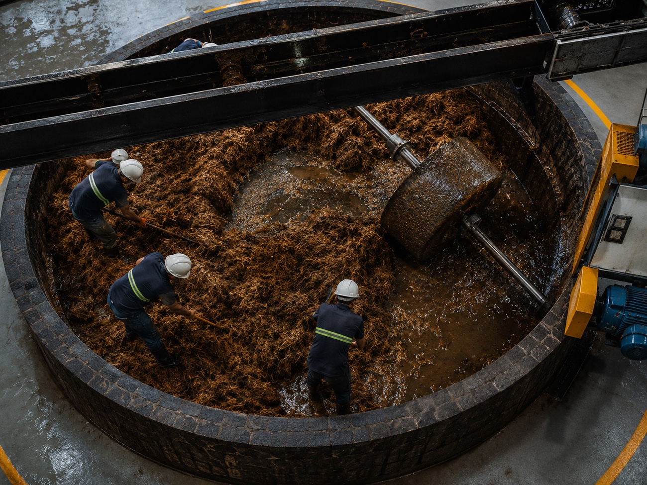 A tahona stone wheel turning over cooked agave
