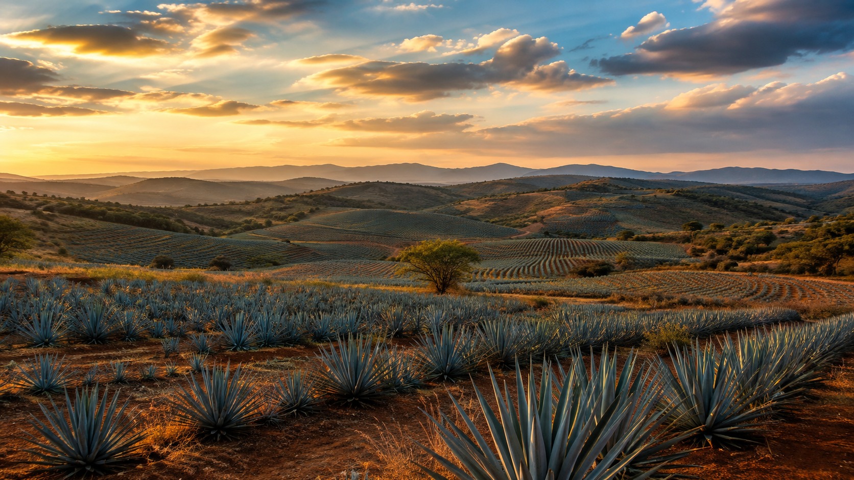 Blue agave rows across the rolling highlands of Los Altos at sunset, hills fading into the distance