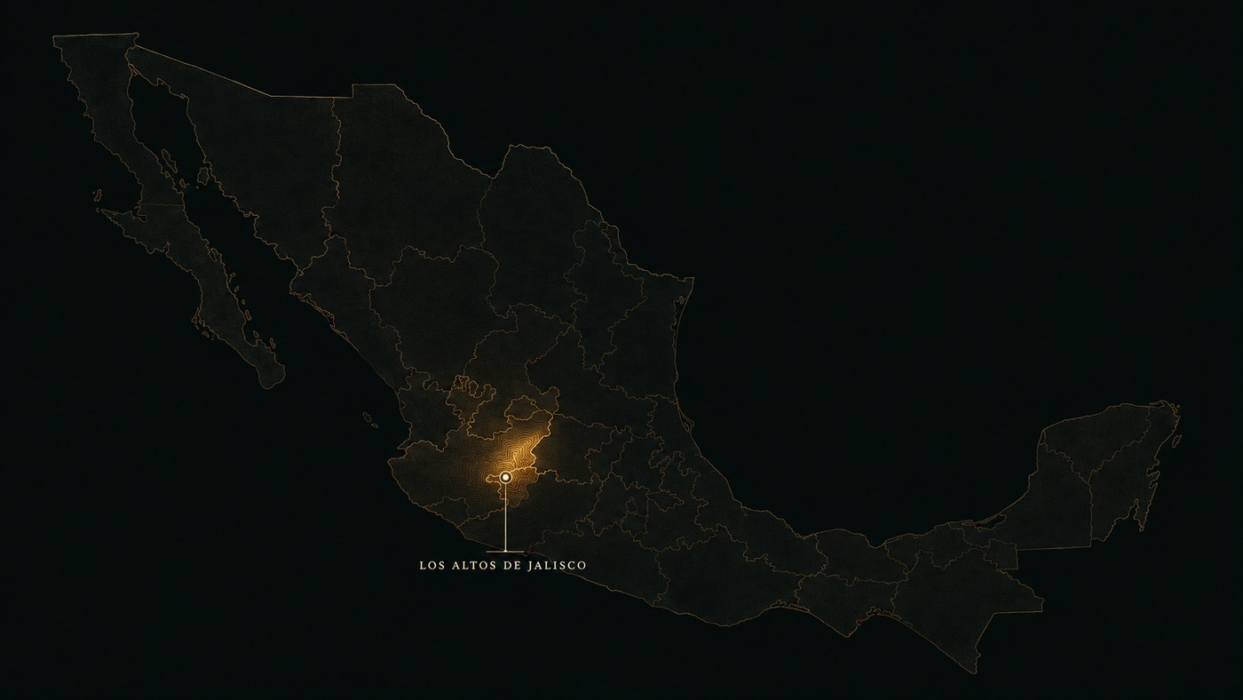 A map of Mexico with the Los Altos de Jalisco highlands, where all our agave is grown, lit in gold