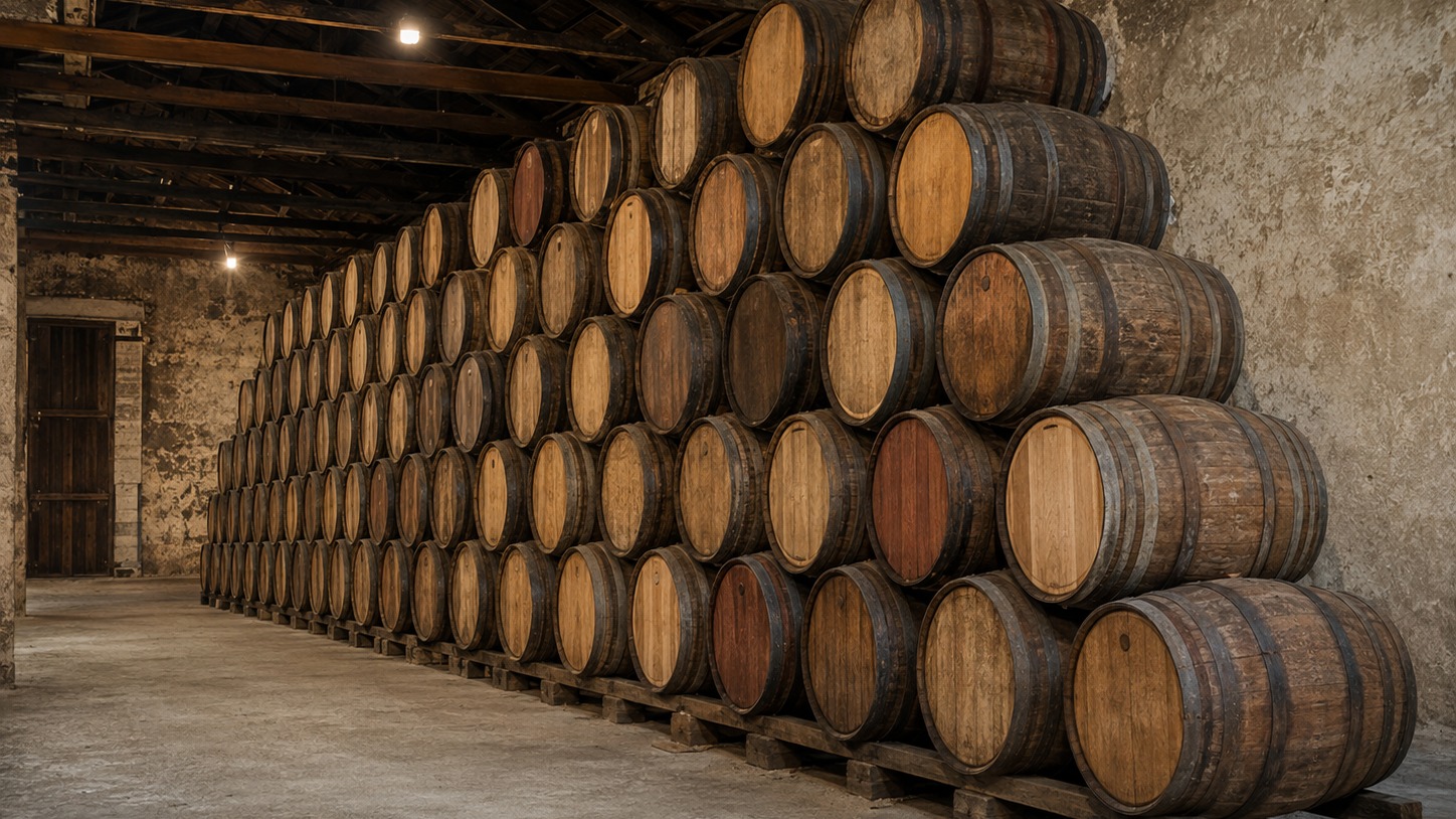 A long stacked wall of casks resting in a stone cellar, receding into the dark