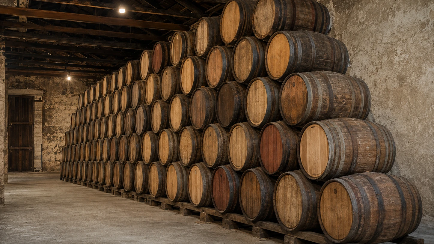 Barrels stacked in a stone aging cellar