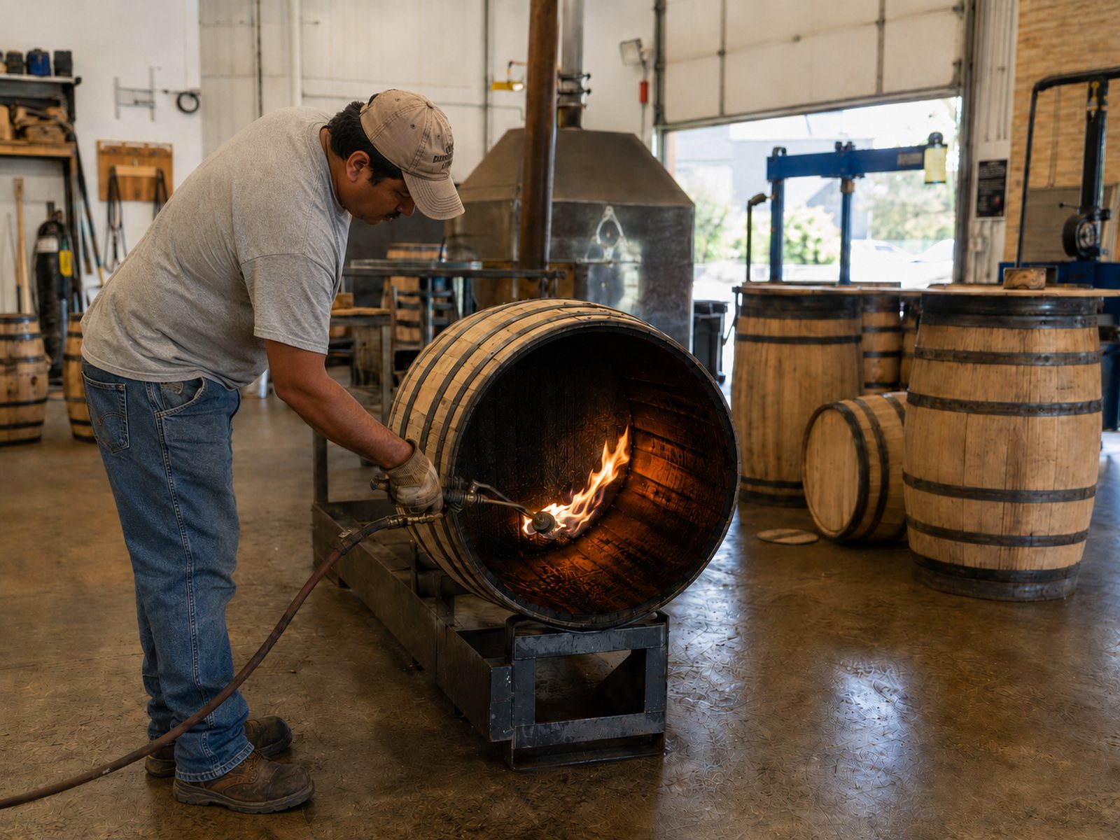 A cooper leaning into a barrel on its side, toasting the inside with a gas flame, finished barrels stacked behind him in the cooperage