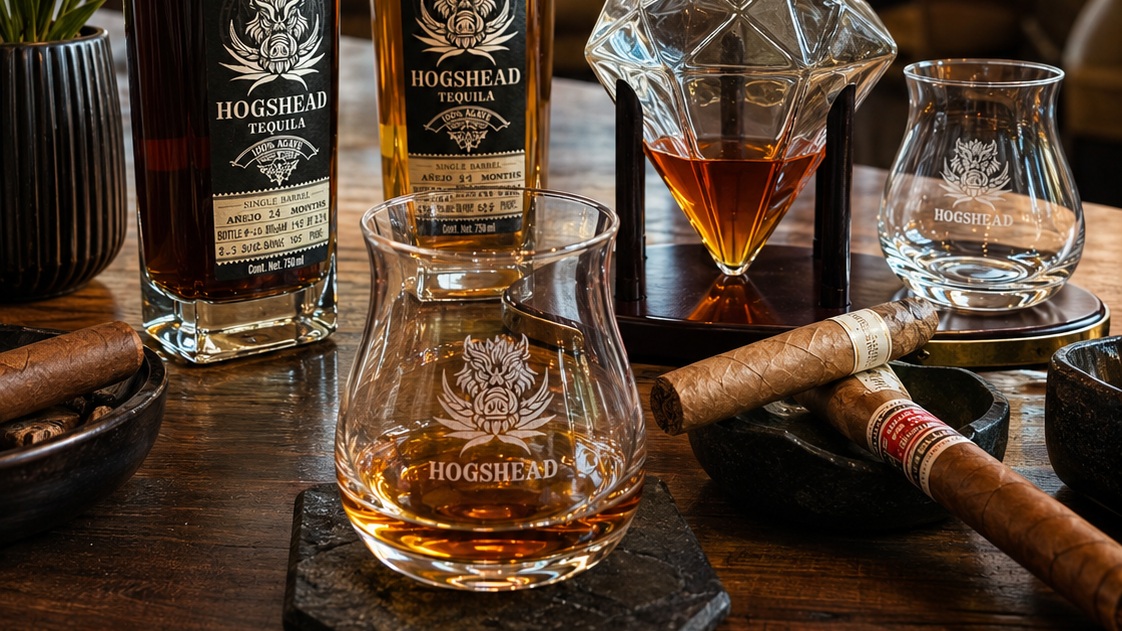 A Tusk'ave tasting glass poured with añejo on a dark wood table, a second glass and a decanter behind it