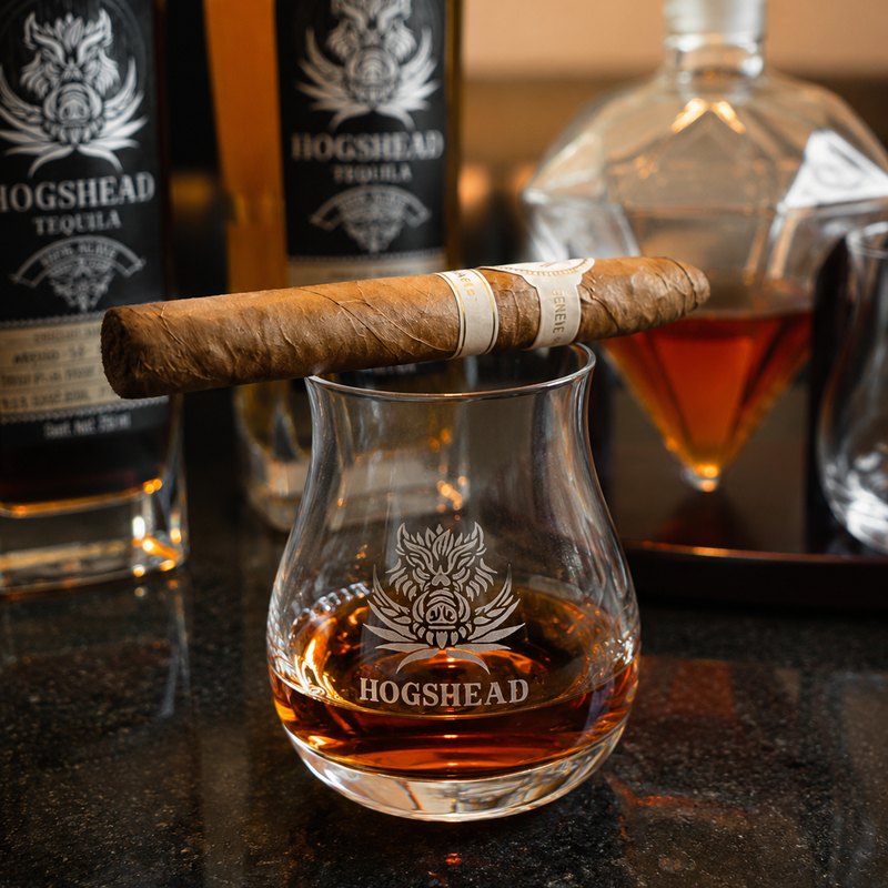 A Hogshead-etched tasting glass poured with añejo, a cigar resting across the rim
