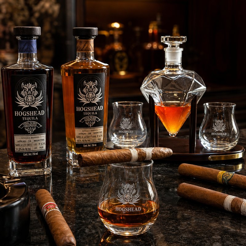Hogshead Travesía bottles, a decanter and poured tasting glasses on dark stone in a low-lit bar