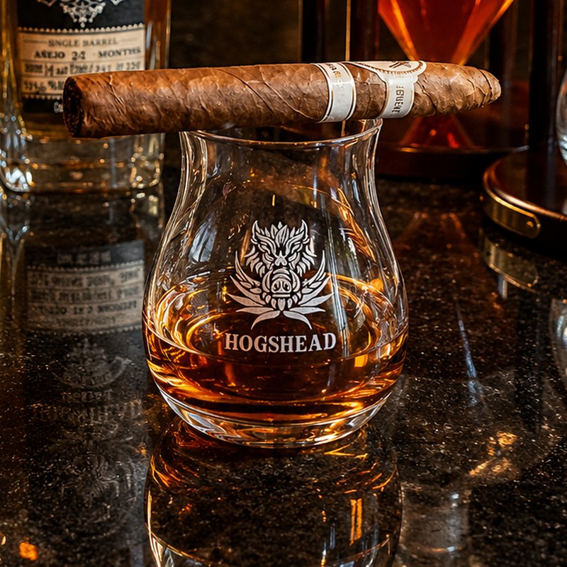 A poured Hogshead-etched tasting glass beside Hogshead Travesía bottles and a decanter