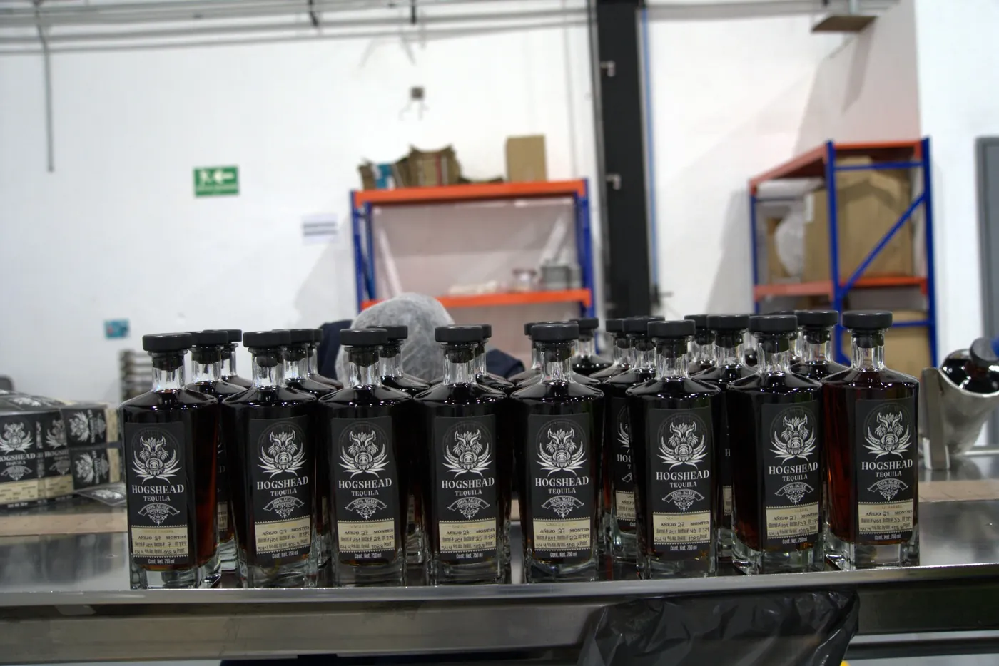 A row of finished, labelled Hogshead Travesía bottles from a single barrel, lined up on the bottling table