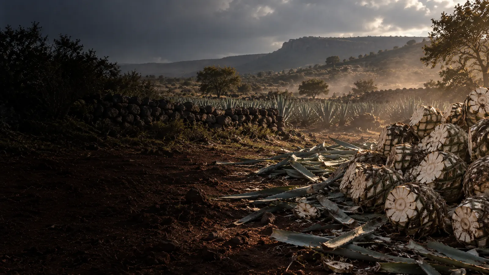 Freshly harvested agave piñas in a Jalisco field