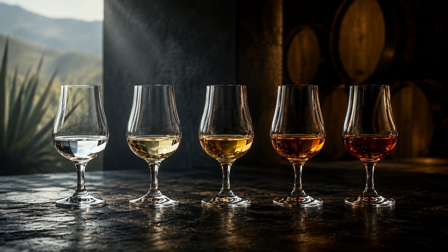 A flight of tequila showing the color deepening across ages